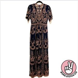 Altar’d State bohemian style maxi dress short sleeves, navy & embroidery small